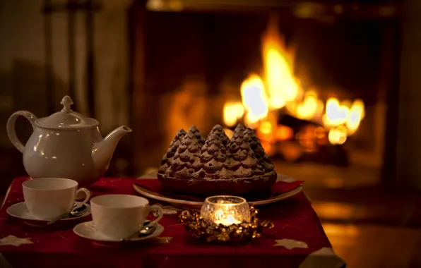 Картинка тепло, настроение, праздник, чай, свеча, пирог, камин