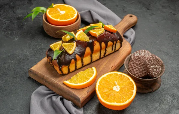 Шоколад, полотенце, апельсины, пирожное, миска, серый фон, крем, десерт