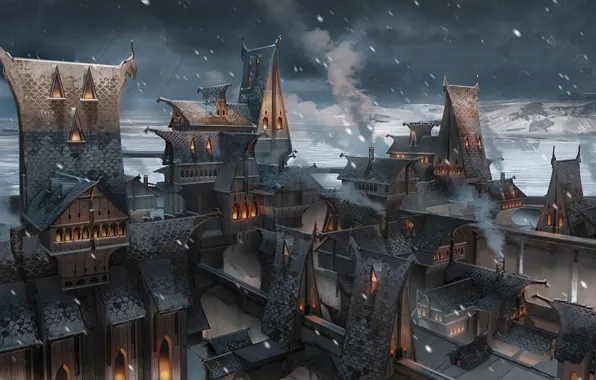 Снег, горы, город, крыши, Winter city