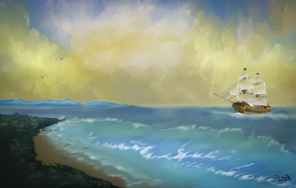 Картинка море, волны, небо, берег, корабль, чайки, арт, живопись
