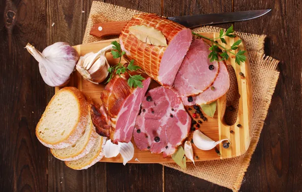 Хлеб, мясо, доска, ветчина