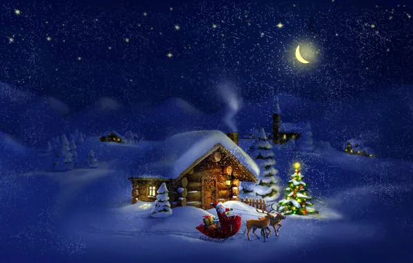 Картинка new year, night, winter, snow, santa claus, sleigh