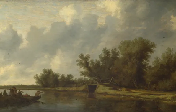 Картина, Salomon van Ruysdael, Саломон ван Рёйсдал, Речной Пейзаж с Рыбаками