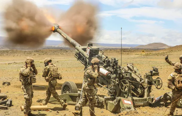 Картинка Солдаты, США, Пушка, Выстрел, Гаубица, Soldiers fire a howitzer