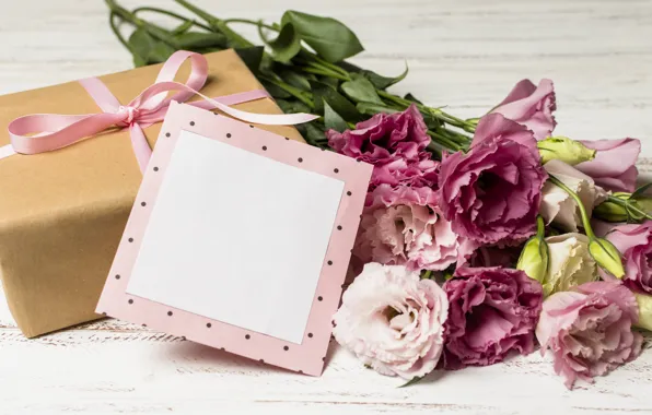 Цветы, подарок, букет, wood, pink, flowers, romantic, эустома