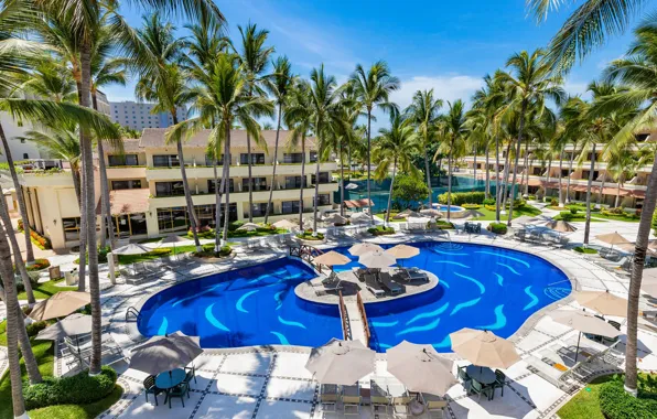 Пальмы, бассейн, Мексика, курорт, Mexiko, Jalisco, Villa-del-Mar, Puerto-Vallarta