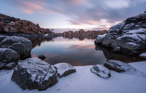Зима, озеро, восход, утро, Arizona, Prescott, Watson Lake