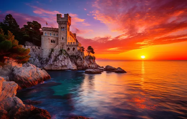 Море, небо, закат, тучи, замок, скалы, landscape, sunset