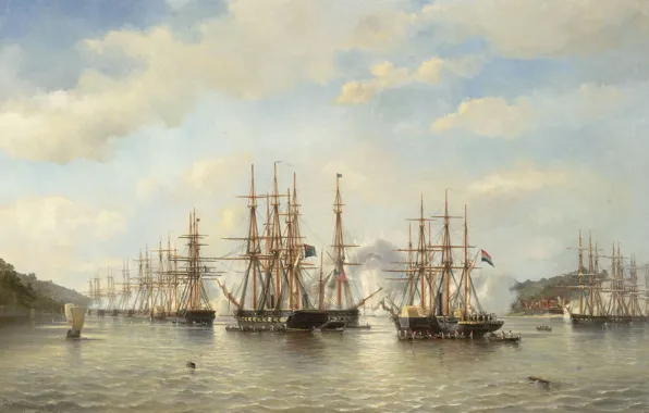 Масло, корабли, картина, холст, 1864, Jacob Eduard van Heemskerck van Beest, Якоб Эдуард ван Хеемскерк …