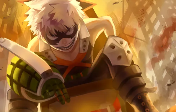 Взгляд, улыбка, аниме, арт, парень, Boku no Hero Academia, Моя геройская академия, Бакуго Катсуки