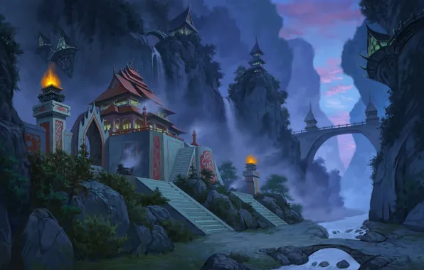 Картинка горы, мост, город, туман, вечер, лестница, jade dynasty