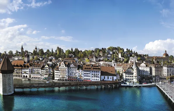 Картинка мост, река, дома, Швейцария, набережная, Lucerne