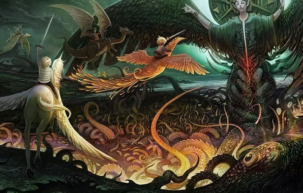 Картинка дракон, сказка, единорог, феникс, легенда, мифы