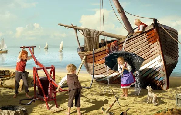 Картинка песок, море, вода, дети, собака, лодки, зонт, девочка