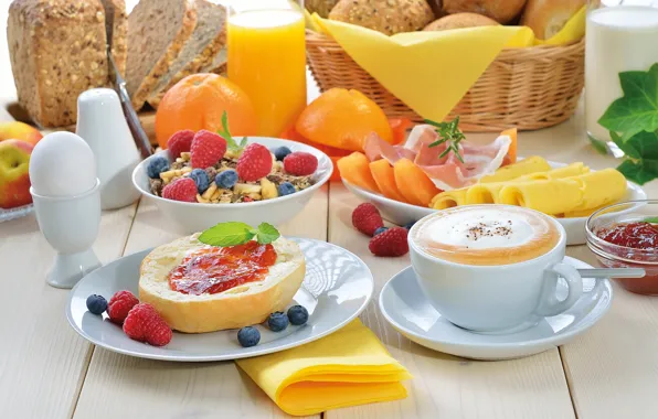 Картинка малина, легкий, еда, завтрак, сок, хлеб, фрукты, капучино