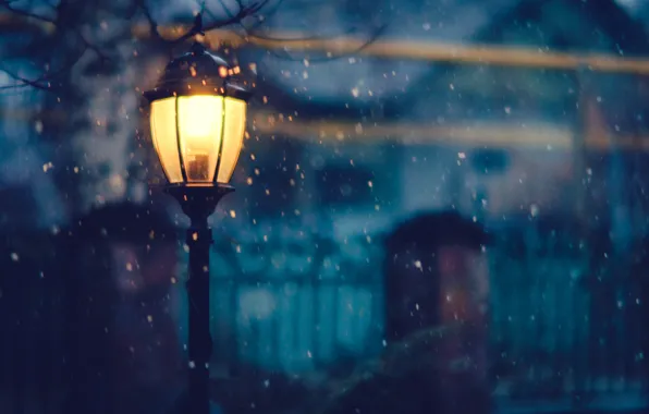 Картинка зима, свет, снег, деревья, ночь, забор, дома, освещение