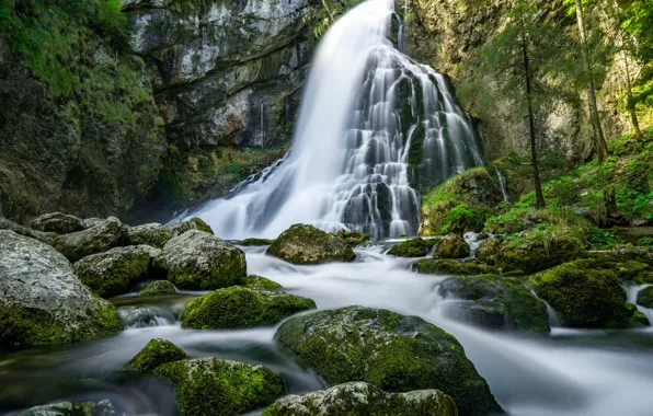 Скала, река, камни, водопад, мох, Австрия, каскад, Austria