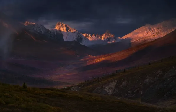 Картинка осень, закат, горы, долина