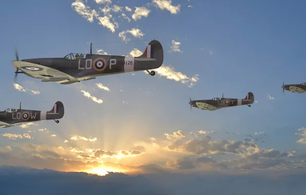 Картинка небо, солнце, облака, лучи, рисунок, истребители, WW2, британские
