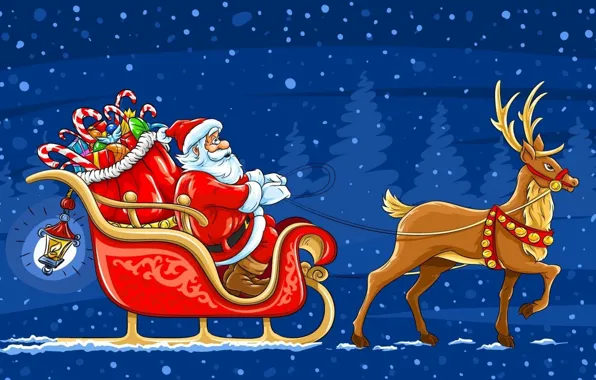 Картинка снег, олень, Новый Год, подарки, сани, Санта-Клаус