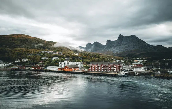 Sea, coast, houses, surf, village, shore, Scandinavia