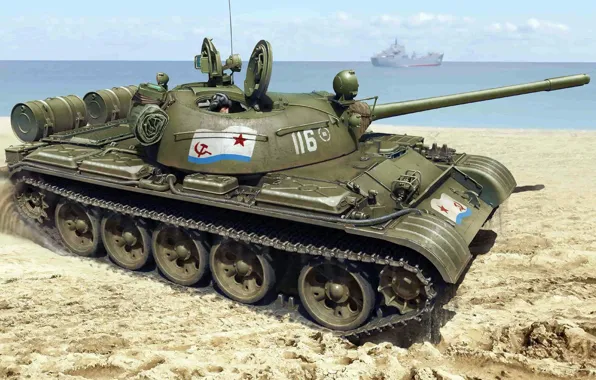 Картинка берег, ВМФ СССР, советский средний танк, Т-55, Военно-Морской Флот СССР