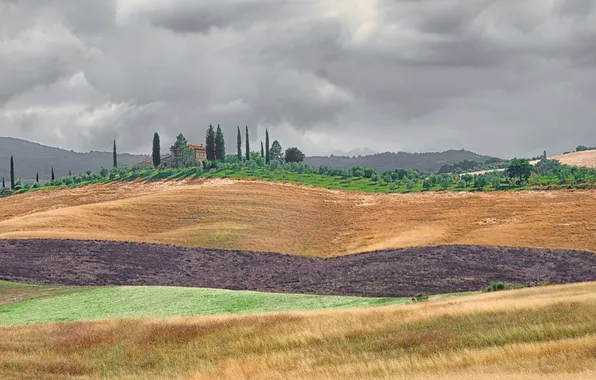 Картинка облака, поля, Италия, слои, Тоскана, фермы