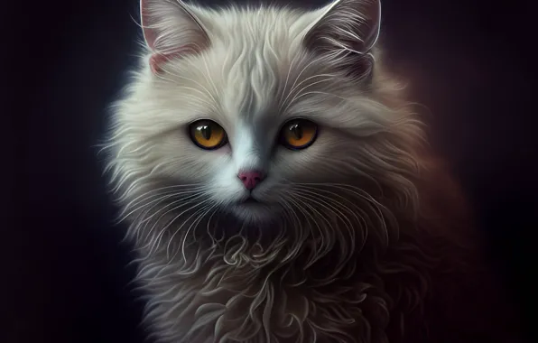 Кошка, белый, взгляд, поза, котенок, портрет, черный фон, мордашка