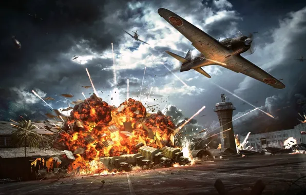 Картинка огонь, пламя, взрывы, нападение, аэродром, самолёты, бомбардировка, WW2