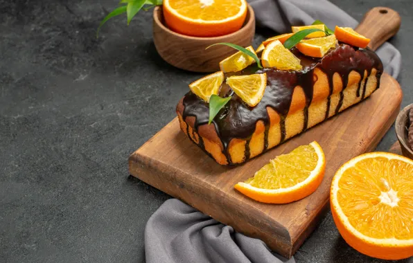 Шоколад, полотенце, апельсины, пирожное, миска, листочки, серый фон, крем