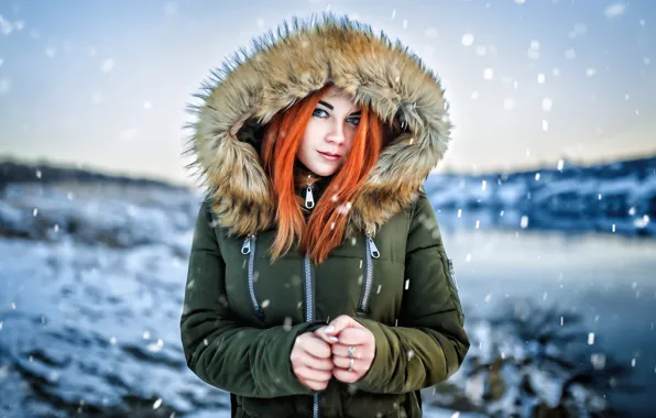 Снег, куртка, капюшон, рыжеволосая, Masha Fox