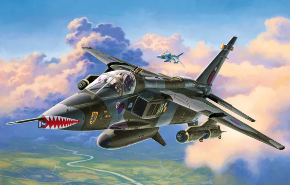 Картинка war, art, airplane, painting, aviation, jet, Sepecat JAGUAR GR.1A
