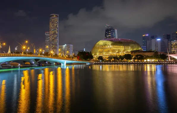 Картинка ночь, мост, огни, река, здания, дома, фонари, Сингапур