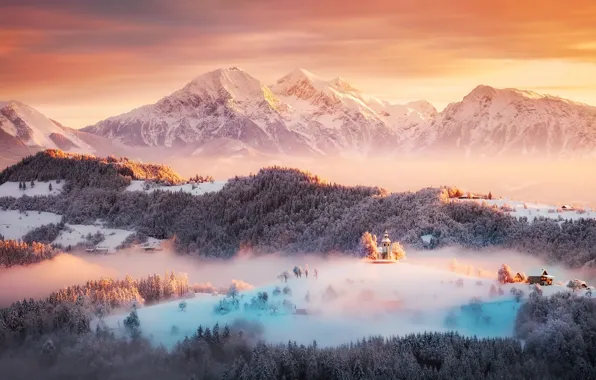 Картинка зима, свет, снег, горы, Словения