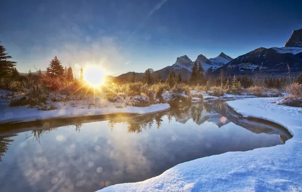 River, winter, mountains, snow, morning, sunrise, dawn