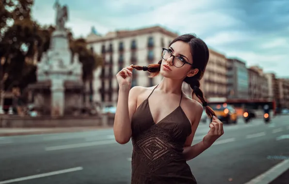 Картинка city, dress, bokeh, face, braids, portrait, no bra, dark eyes