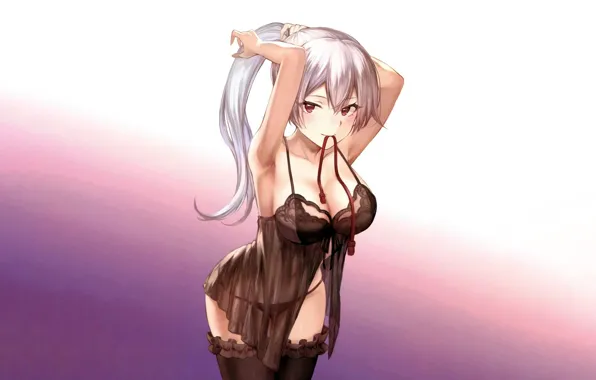 Girl, sexy, lingerie, cleavage, panties, thighhighs, long hair, brown eyes