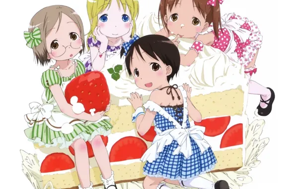 Очки, торт, белый фон, крем, art, подруги, кусок, ichigo mashimaro