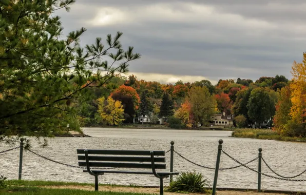 Картинка Небо, Город, Осень, Деревья, Река, Скамейка, Fall, Autumn