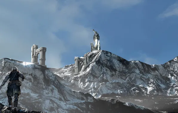 Картинка горы, скалы, доспехи, рыцарь, север, Skyrim
