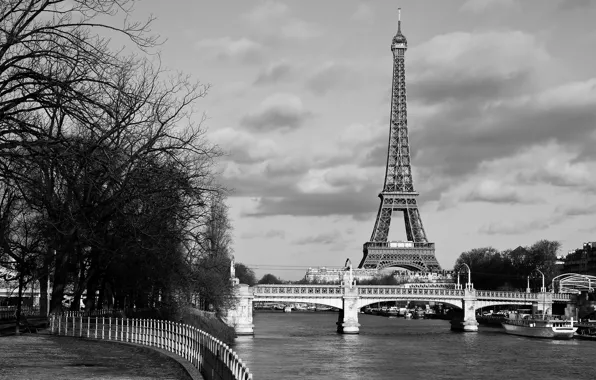 Мост, Франция, Париж, канал, черно-белое, Эйфелева башня, France