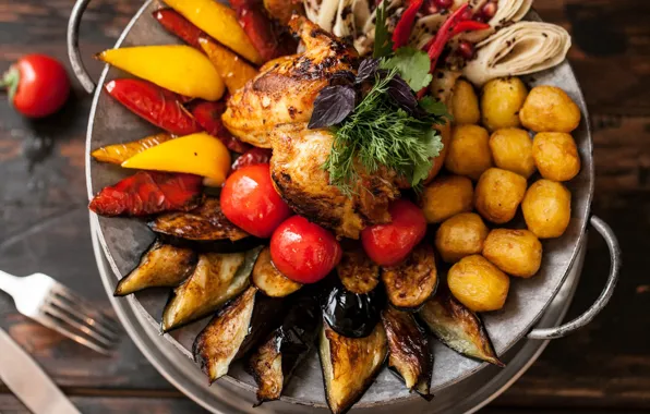 Ассорти, Картофель, Мясо, Гриль, Баклажаны