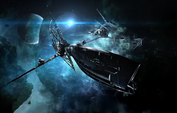 Туманность, планета, астероиды, Космос, space, космический корабль, eve online, space ship