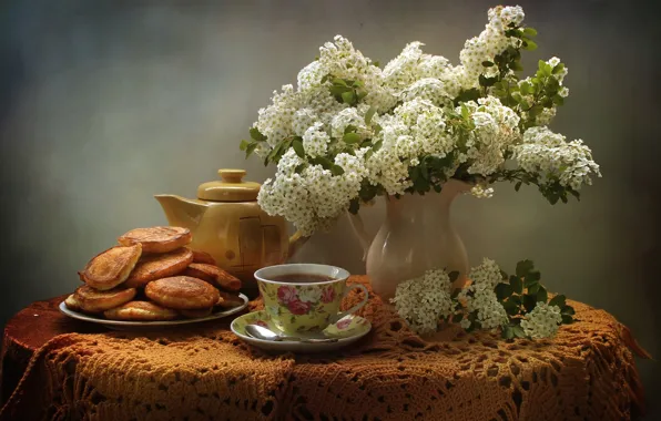 Картинка цветы, чай, натюрморт, оладьи, спирея