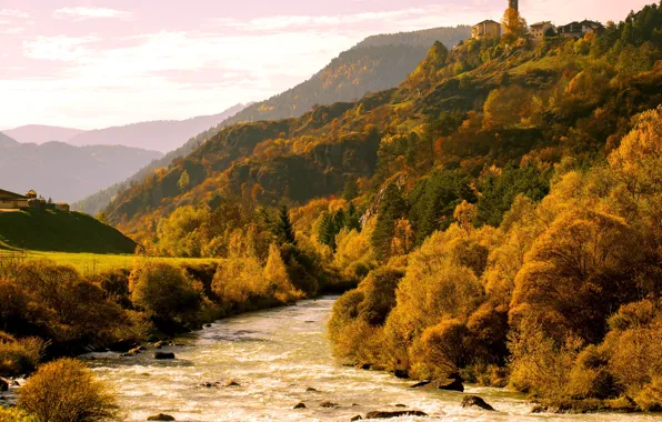 Картинка осень, деревья, горы, река, Альпы, Италия, берега, Валь-ди-Фьемме