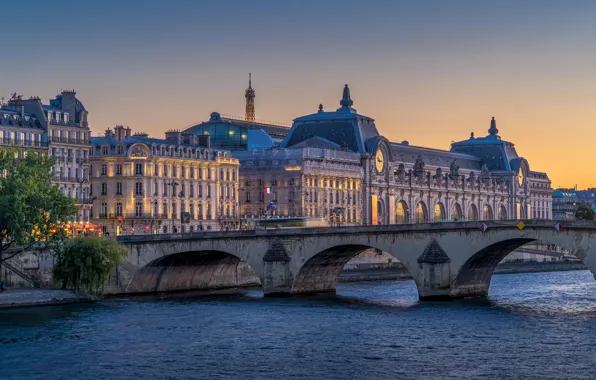 Картинка мост, часы, Франция, Париж, дома, архитектура, город, акведук