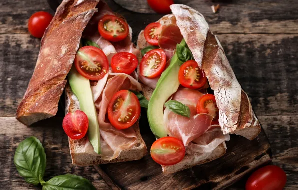 Хлеб, wood, bread, бутерброды, tomato, базилик, sandwich