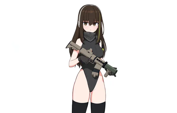 Girl, gun, sexy, thighhighs, long hair, brown hair, brown eyes, anime