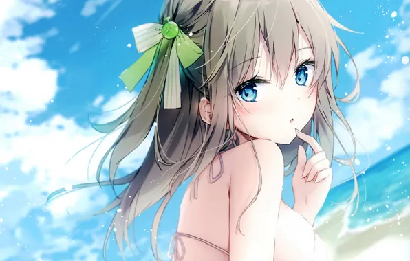 Girl, sexy, cleavage, beach, long hair, sea, boobs, anime