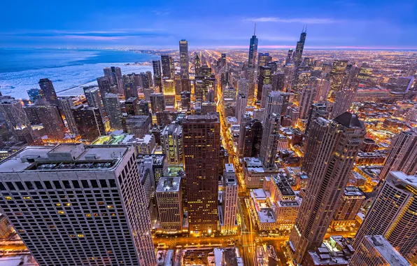 Картинка зима, город, огни, здания, небоскребы, вечер, подсветка, Чикаго